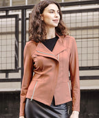 Clara Sunwoo Liquid Leather Zip Moto Jacket Camel