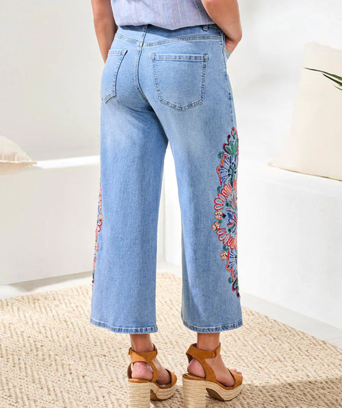 Tribal Embroidered Crop Wide Leg Jean