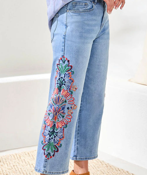 Tribal Embroidered Crop Wide Leg Jean