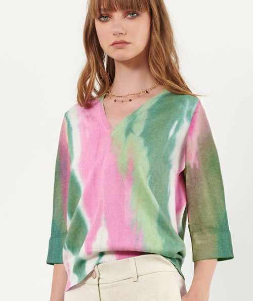 Tie Dye V Neck Pullover Loden/Pink - Premium sweaters from B.YU - Just $174! Shop now at Mary Walter