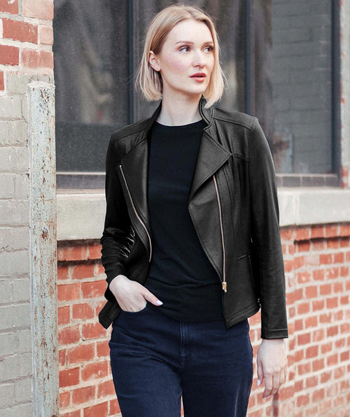 Clara Sunwoo Liquid Leather Zip Moto Jacket Black