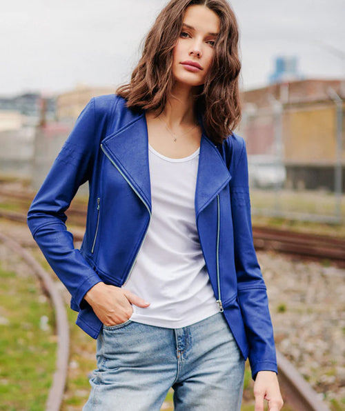 Clara Sunwoo Liquid Leather Moto Jacket Cobalt