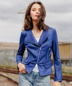 Clara Sunwoo Liquid Leather Moto Jacket Cobalt