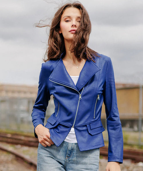 Clara Sunwoo Liquid Leather Moto Jacket Cobalt
