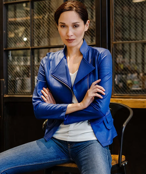 Clara Sunwoo Liquid Leather Moto Jacket Cobalt