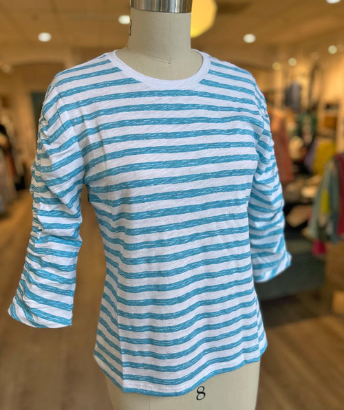 Elliott Lauren Stripe Ruched Sleeve Tee Turquoise