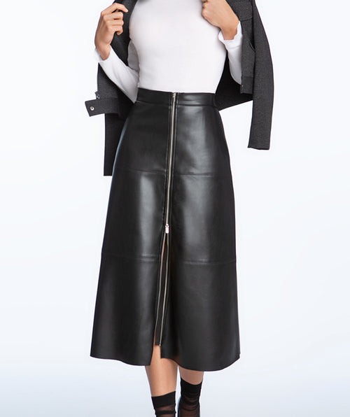 Elliott Lauren Vegan Leather A-line Zip Front Skirt Black