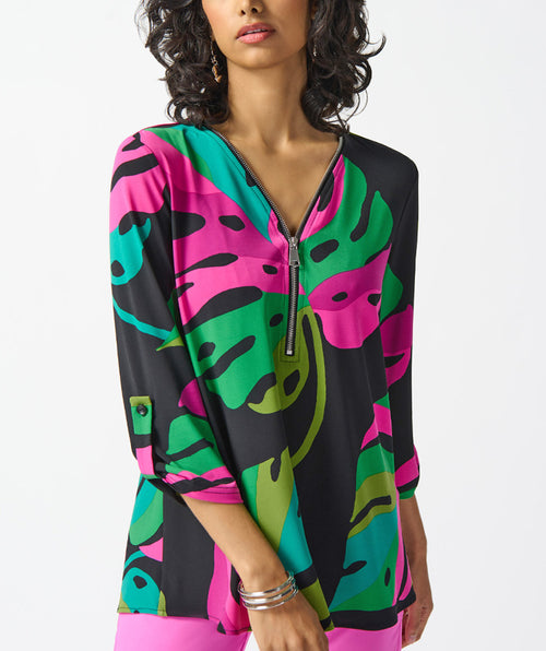 Bright Palms Zip Detail Top - Premium tops from Joseph Ribkoff - Just $215! Shop now at Mary Walter