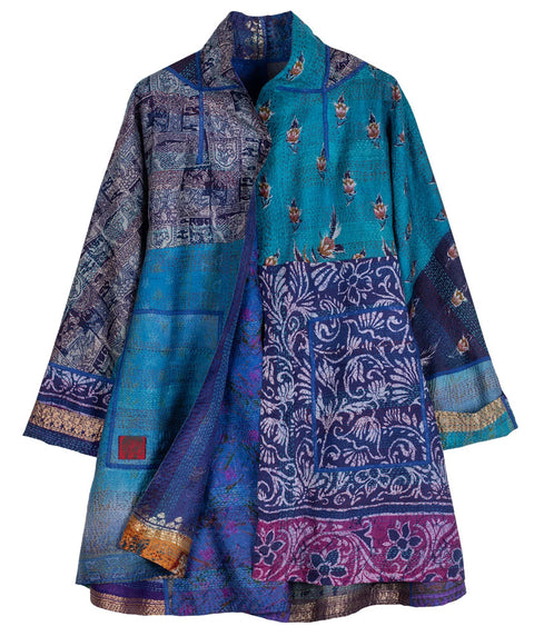 Vintage silk Kantha long flare jacket