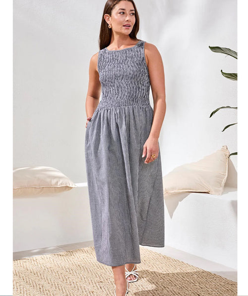 Tribal Smocked Gingham Long Dress