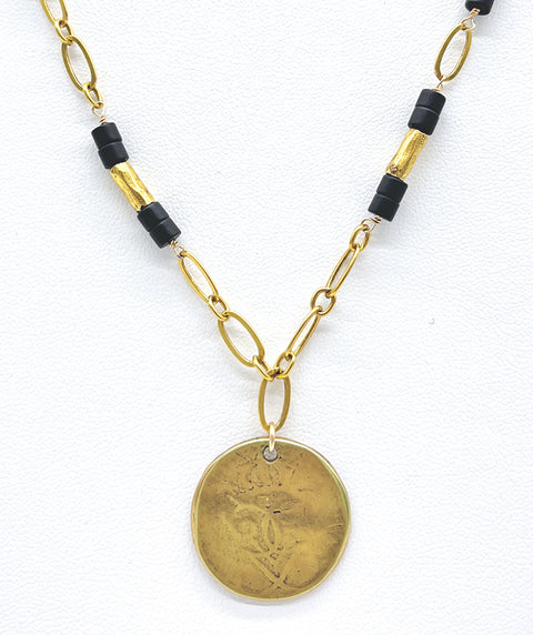 Gold and black antique coin necklace